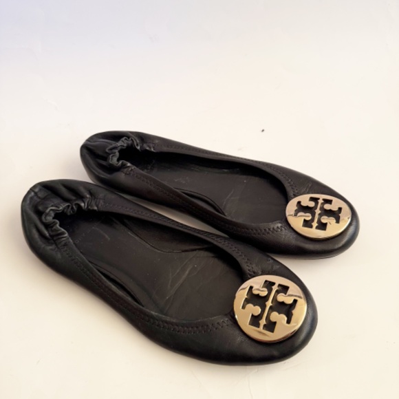 Tory Burch Black Reva Leather Black Ballet Flats Size 8 - Picture 1 of 6